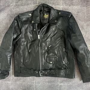 Men's Vintage 90's Force Black Leather Belted Motorcycle Zip Biker Jacket Sz 48